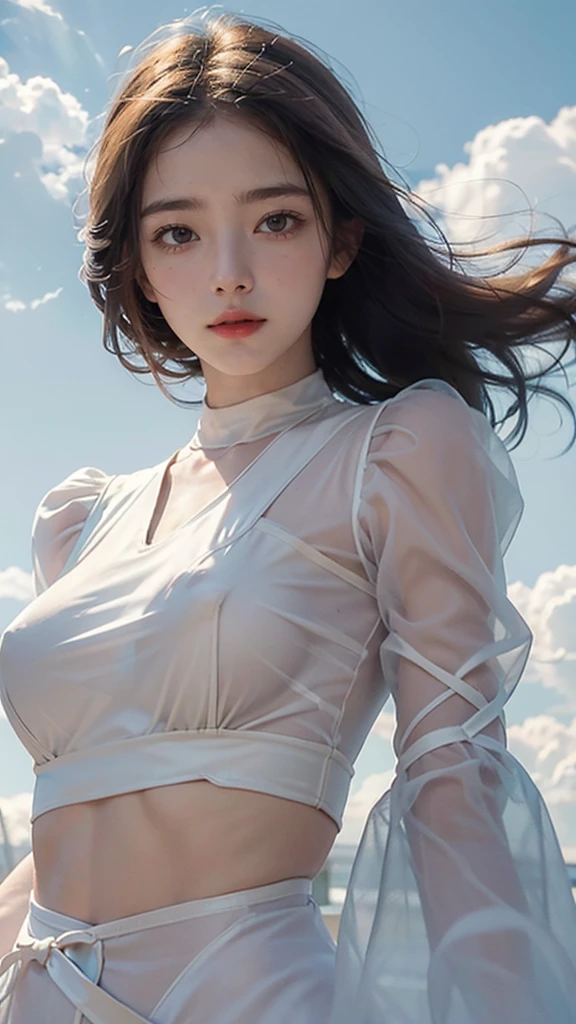 masterpiece, best quality, movie still, 1girl, floating in the sky, cloud girl, cloud, (close-up:1.1), bright, happy, fun, soft lighting, (Bauhaus, shapes, lines, abstract:1.1)