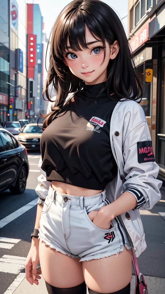 1 female,18 year old,smile:1.3,(BLACK eyes:1.3),((8K,masterpiece,Perfect Anatomy)),Cowboy Shot,(Beautiful and exquisite face and eyes,gorgeous eyes:1.3) ,Black Hair:1.3,bangs,smile,blush,Small breasts,Tokyo street、((Background blur)),((Sporty clothing:1.3))、ロングヘアー,Street Snap、