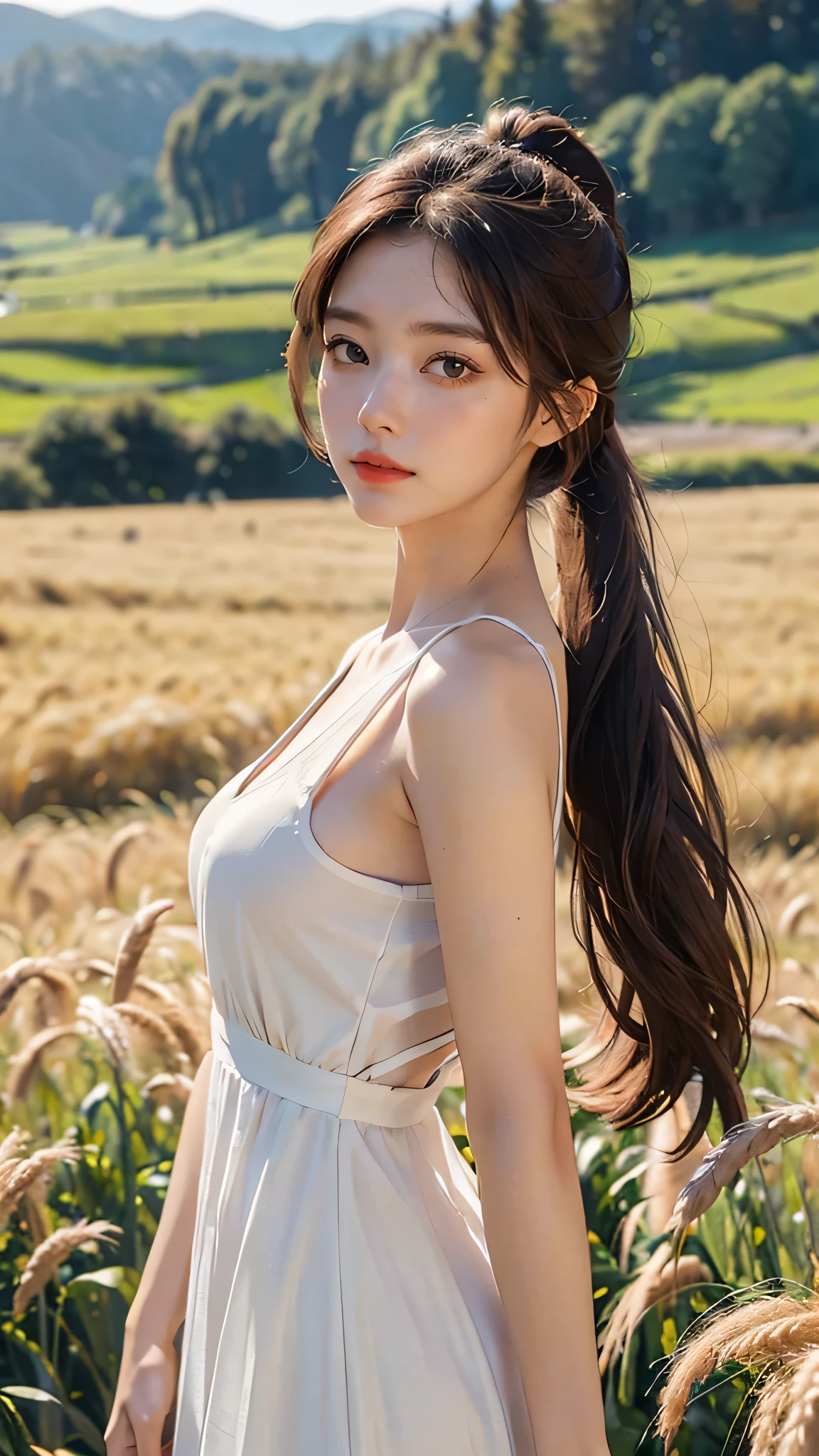 (masterpiece:1.4),, (best quality:1.4),, ultra-high res,, 8K, CG,, (extremely delicate and beautiful:1.2),, , upper body,, from side,, looking at viewer,, , 1girl,, solo,, fashi-girl,, mature girl,, , cute, sweet,, , in the wheat field,, blurry background,, , long brown hair,, ponytail hair,, , brown eyes,, closed mouth,, red lips,, , face brushed by the wind,, , white dress,, medium breasts,