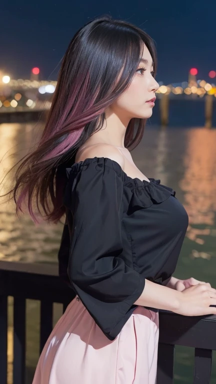 ((Highest quality)),((最high resolution)),((high resolution)),((detailed)),((High definition)),((8K)),((Perfect body)),((Perfect Face)),((Realistic)),((Real)),((Realistic)),((Beauty)),Wharf、Outdoor、night、City、night景、Black Hair、((Only the tips of the hair are pink))、Straight long hair、Very dense makeup、((Black clothes))、Black ruffled off-shoulder top、((Slanted Eyes))、White Skirt、Hair blowing in the wind、(big breasts:1.1)、((profile))、((View from the left side))、A melancholic look、(((View here)))