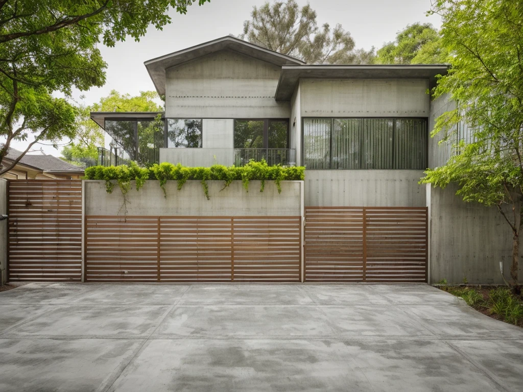 House exterior, concrete wall, metal gates, glass doors, glass windows, metal railings, green trees, wooden ceiling street scene, highquality
