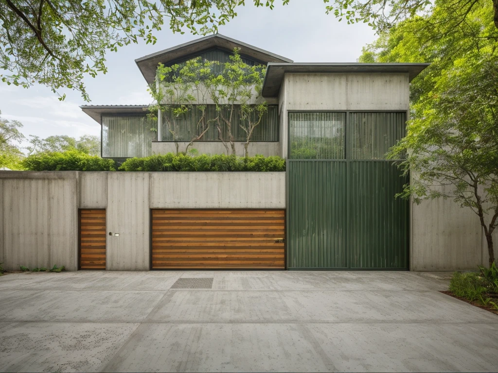 House exterior, concrete wall, metal gates, glass doors, glass windows, metal railings, green trees, wooden ceiling street scene, highquality