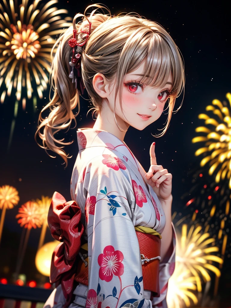 (masterpiece),(highest quality:1.2),((Perfect Anatomy)),(Perfect Fingers:1.3),(1 girl),(small breasts),highest quality,silver ponytail hair,Blunt bangs,(From the side),(Glancing sideways),Beautiful and detailed red eyes,red yukata fashion,fireworks display seen,a lot of fireworks,like a dream and happiness atmosphere,Disappointed,pastel tones,dramatic lighting,Captivating smile