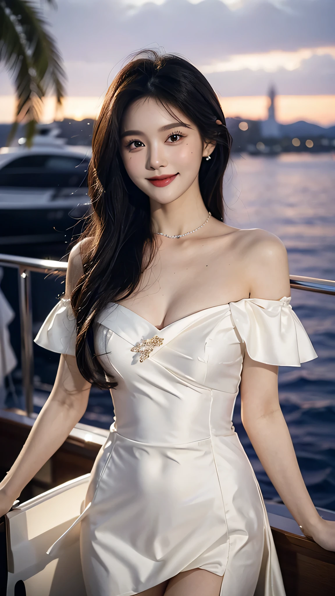 A sweet girl by the yatch,voluminous hair,Delicate face,Photorealsitic,of a real,largeaperture,wears a purple and white dress,A cropped dress,Off-the-shoulder,A dress around the neck,Slim,smiles,Ultra-high resolution, Blurred background