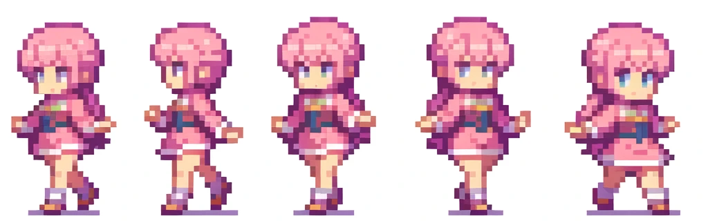 the very same person character chips , masterpiece , best quality , pixel , pixel art , xiangsu , xiang su , sequence frames ,front view, walking, 5 poses , put out one's left foot , put out one's right foot , stay , 1 girl , fantasy clothes , full body , white background , heroine , deformed , sexy , chibi , Highly Exposed , angel , pink clothes , pink hair , walking frame