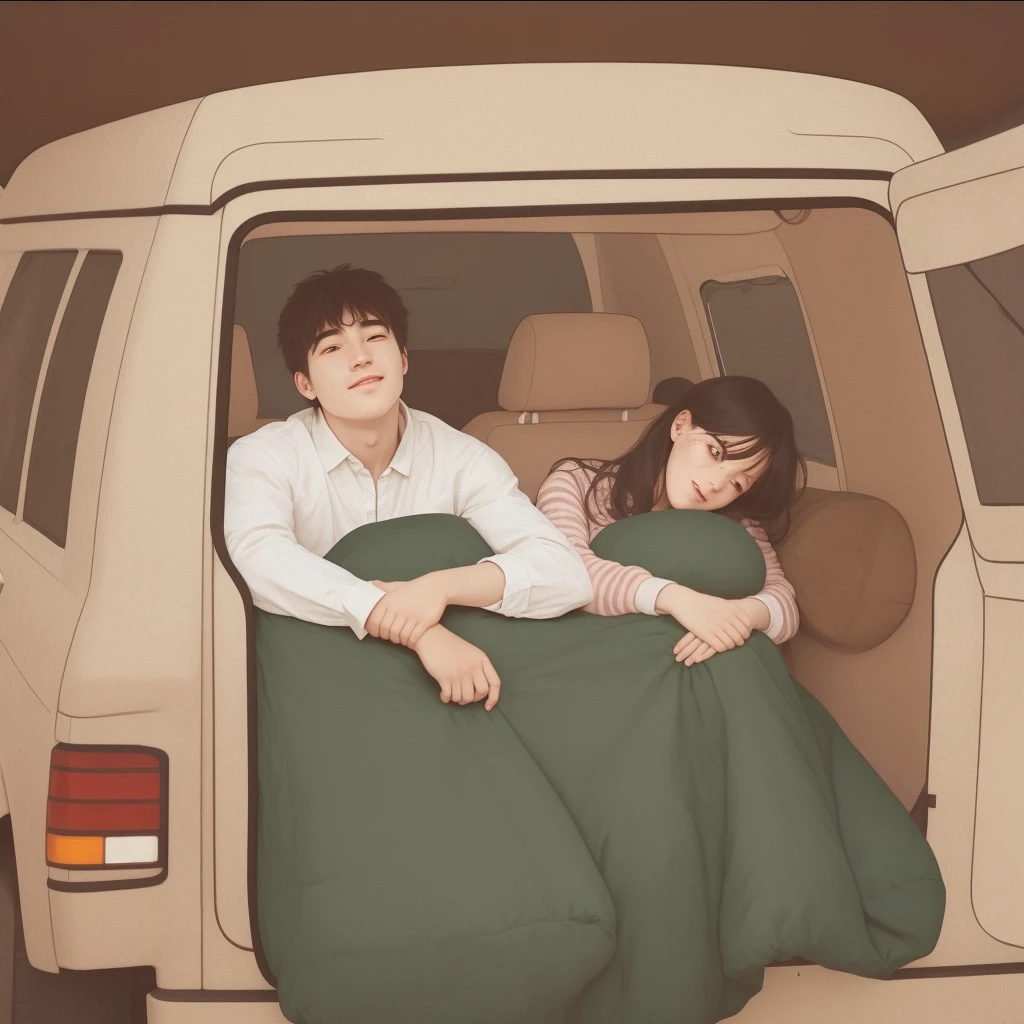 (best quality), big head, 1 beauty girl and 1 handsome men , Romantic camping couple in the car, Enjoying time together, The girlfriend is asleep, They are happy, relationship goals, Looks comfortable, Fun, Fresh, And refreshed, Happy,uhd