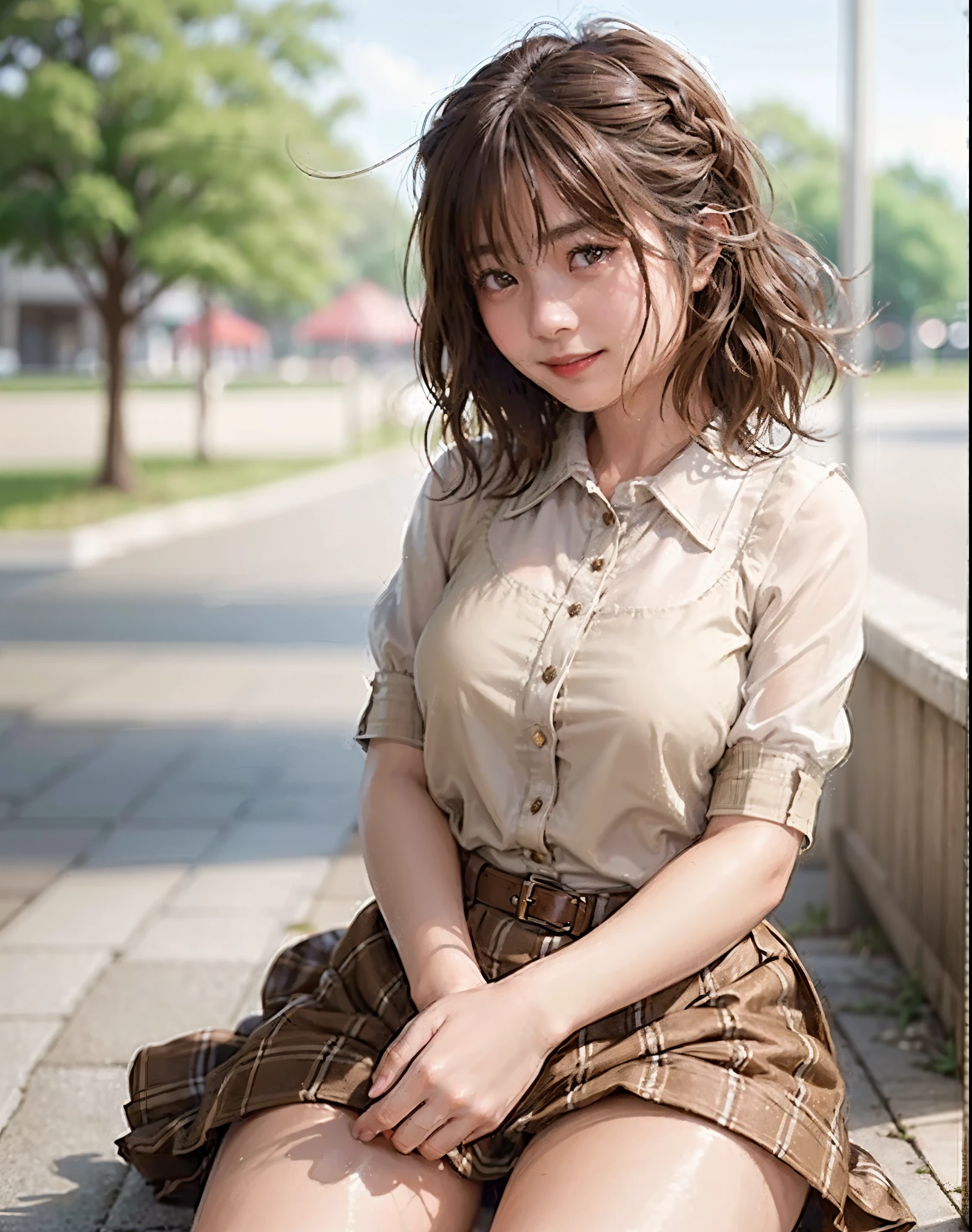 Highest quality, PhotoRealistic, 8K, High resolution, girl, woman, (Skin dents), (Big Breasts), (Professional Lighting, Bokeh), (street), (people々, crowd: 0.6), market, (night: 1.2), (brown: 2.0), (blouse: 1.5), (Portraiture: 0.6), nice, bloom, (Floating Hair), Braided hair, (Dynamic pose: 1.2) , Soft lighting, (masterpiece, Highest quality:1.1), (Ultra-fine 8K CG:1.2), (hyperRealistic:1.35), (PhotoRealistic:1.45), (Realistic:1.4), [Cowboy Shot], (Soft lighting), 1peopleの美しい日本peoplewoman, 20-year-old, Supermodel, Japanese Idols, (smile), Large Breasts, (Sweaty skin:1.2), (school uniform:1.2), (Sit on the ground:1.1), (Spread your legs, inhale, inhale,