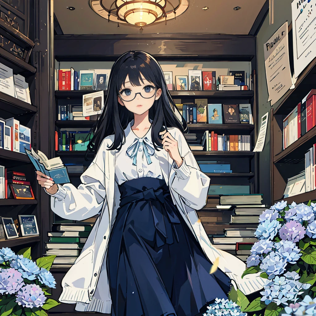 ((best quality)), ((masterpiece)), (detailed), 1 woman, girl surrounded by many books, long straight hair, black hair, Straight black hair that reaches below the waist, Elegant feeling, holding a book with a bookmark, Feeling mystical, background: old bookstore, white blouse, navy blue dress, Thick knit cardigan, [책으로 가득한 background], library, Holding black-rimmed glasses in hand, wooden old japanese building, blue hydrangeas, perfect nose, long hair down to waist, more piles of books