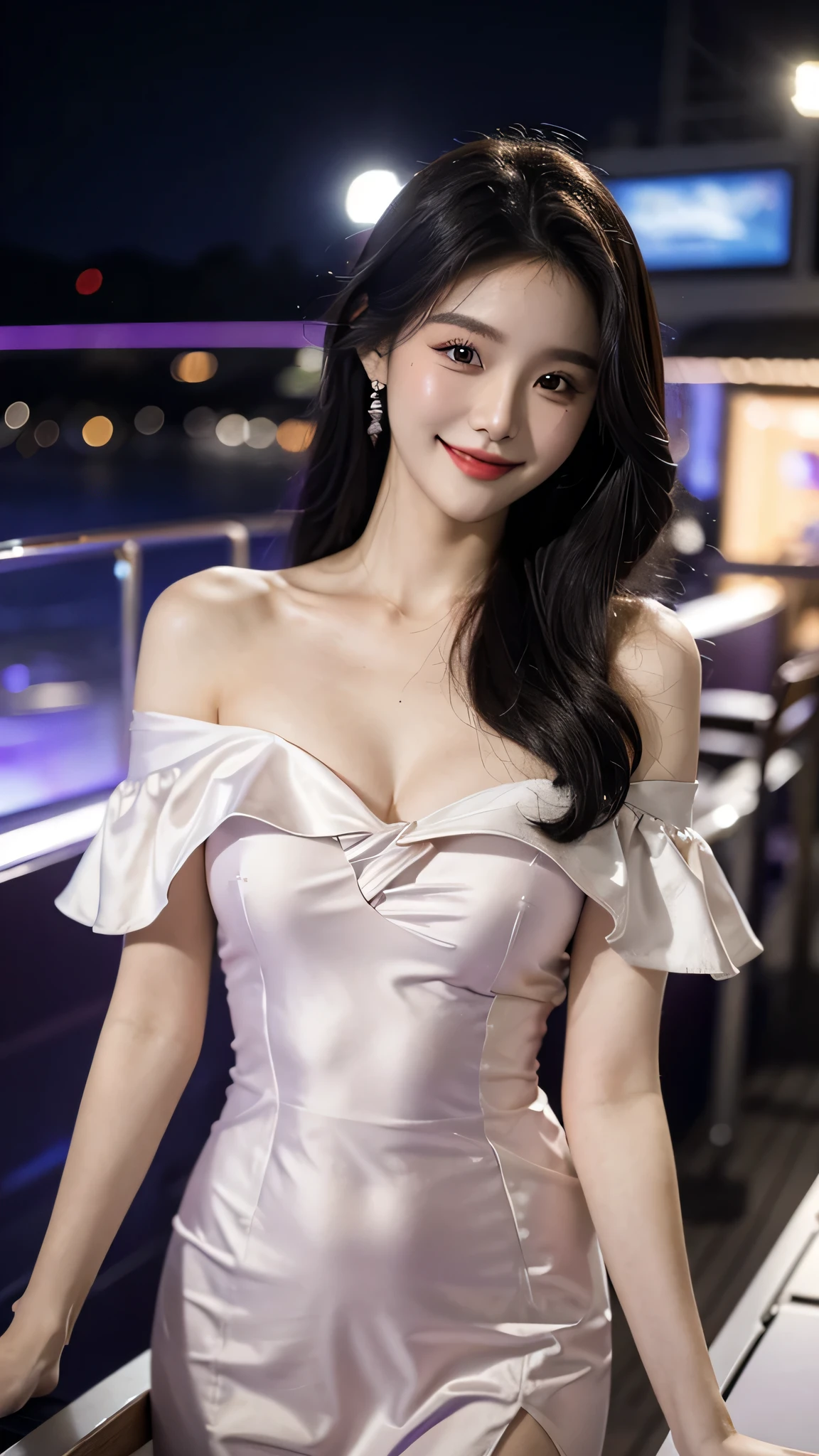 A sweet girl by the yatch,voluminous hair,Delicate face,Photorealsitic,of a real,largeaperture,wears a purple and white dress,A cropped dress,Off-the-shoulder,A dress around the neck,Slim,smiles,Ultra-high resolution, Blurred background