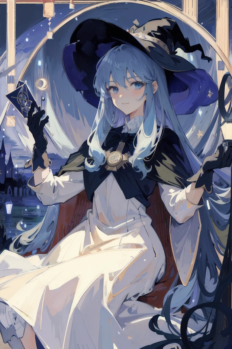 ((masterpiece:1.2, Highest quality)), One girl, alone, (Witch Hat), Blonde, Long Hair, dress, Aurora, night, star (null), gloves, null, white dress, night null, Open your mouth, starry null, blue eyes, ribbon, very Long Hair, red dress, smile, hair ribbon, Cape, Blue Hair, (bird), magic, Casting a Spell, Dark Clouds, night, (Impressionism:1.4), (Tarot:1.3), Alphonse Mucha,