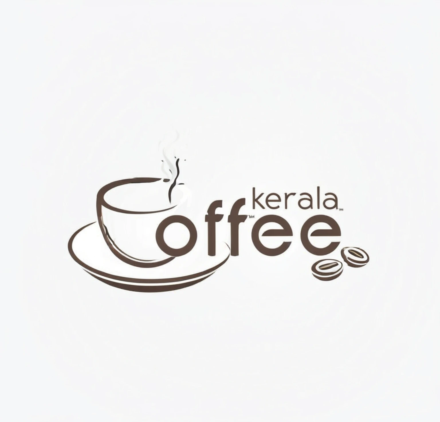 Create a minimalist logo featuring a simple line art depiction of a coffee cup with steam rising, placed on a saucer. The logo should include the brand name 'Kerala Coffee' with 'Kerala' in a smaller, modern font positioned above the 'o' in 'coffee'. Integrate two coffee beans next to the word 'coffee' to enhance the design. Use a clean, monochromatic color scheme to maintain a sophisticated and professional appearance. Ensure the overall design is cohesive and memorable, suitable for a premium coffee brand.
