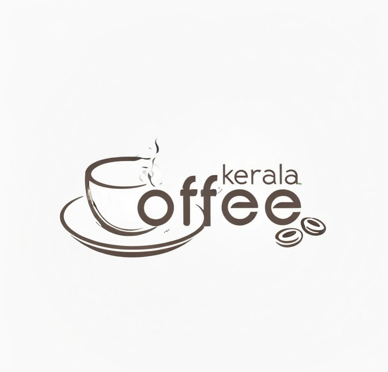 Create a minimalist logo featuring a simple line art depiction of a coffee cup with steam rising, placed on a saucer. The logo should include the brand name 'Kerala Coffee' with 'Kerala' in a smaller, modern font positioned above the 'o' in 'coffee'. Integrate two coffee beans next to the word 'coffee' to enhance the design. Use a clean, monochromatic color scheme to maintain a sophisticated and professional appearance. Ensure the overall design is cohesive and memorable, suitable for a premium coffee brand.
