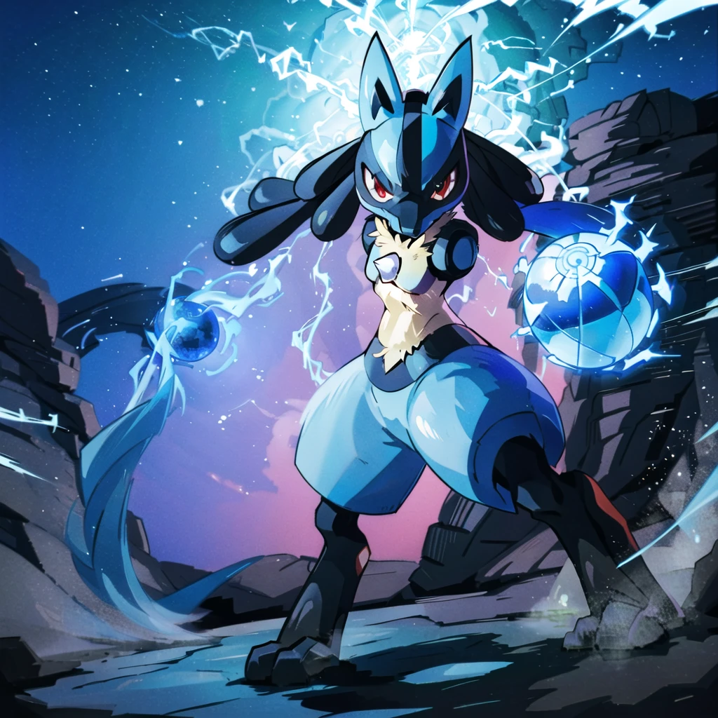 lucario, red eyes,  attack stance, casting a blue energy ball, detailed, professional lights, spikes, anime, centered, outside, cave,  blue fur, wolf, medium muzzle, ((sparks around body))