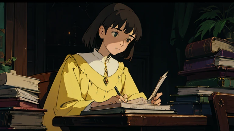 A girl, ensconced in a cozy corner on a rainy evening, sits surrounded by a jumble of books with an intensely profound study attitude. The soft yellow glow of the desk lamp illuminates her thoughtful expression, revealing her deep concentration and composed posture. Her inquisitive eyes dart back and forth between the pages, her nimble fingers turning them with subtle tilt, as she absorbs the old world wisdom contained within. The timeworn margins and sultry aura of the books add to the quiet night ambiance, creating a peaceful and tranquil countenance. This scholarly young woman, clad in plain attire, appears to be a seeker of knowledge and intellect