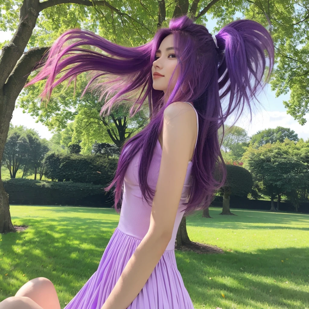 1woman hair purple, mid 20 years old, body, in the parc ,vibrant colors, ultra high realistic, ultra high quality