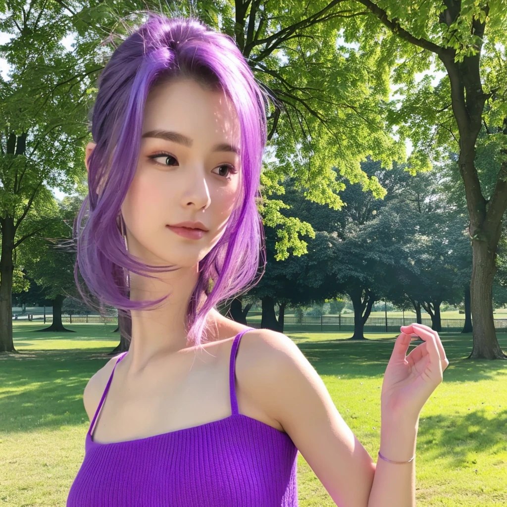 1woman hair purple, mid 20 years old, body, in the parc ,vibrant colors, ultra high realistic, ultra high quality