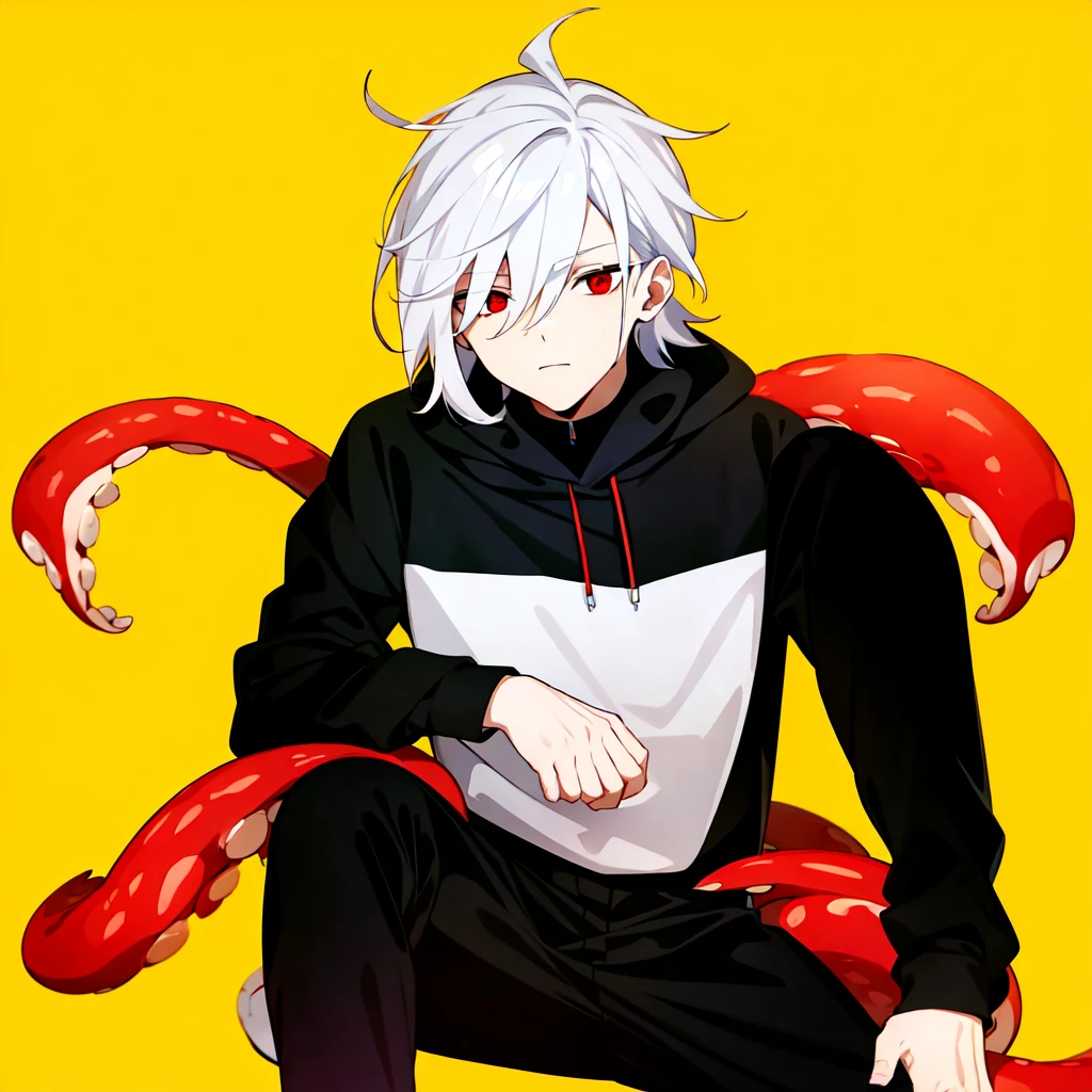 1boy, 1eye, white hair, red eyes, black hoodie shirt, white shirt, black sleeves, black pants, red tentacles in back
