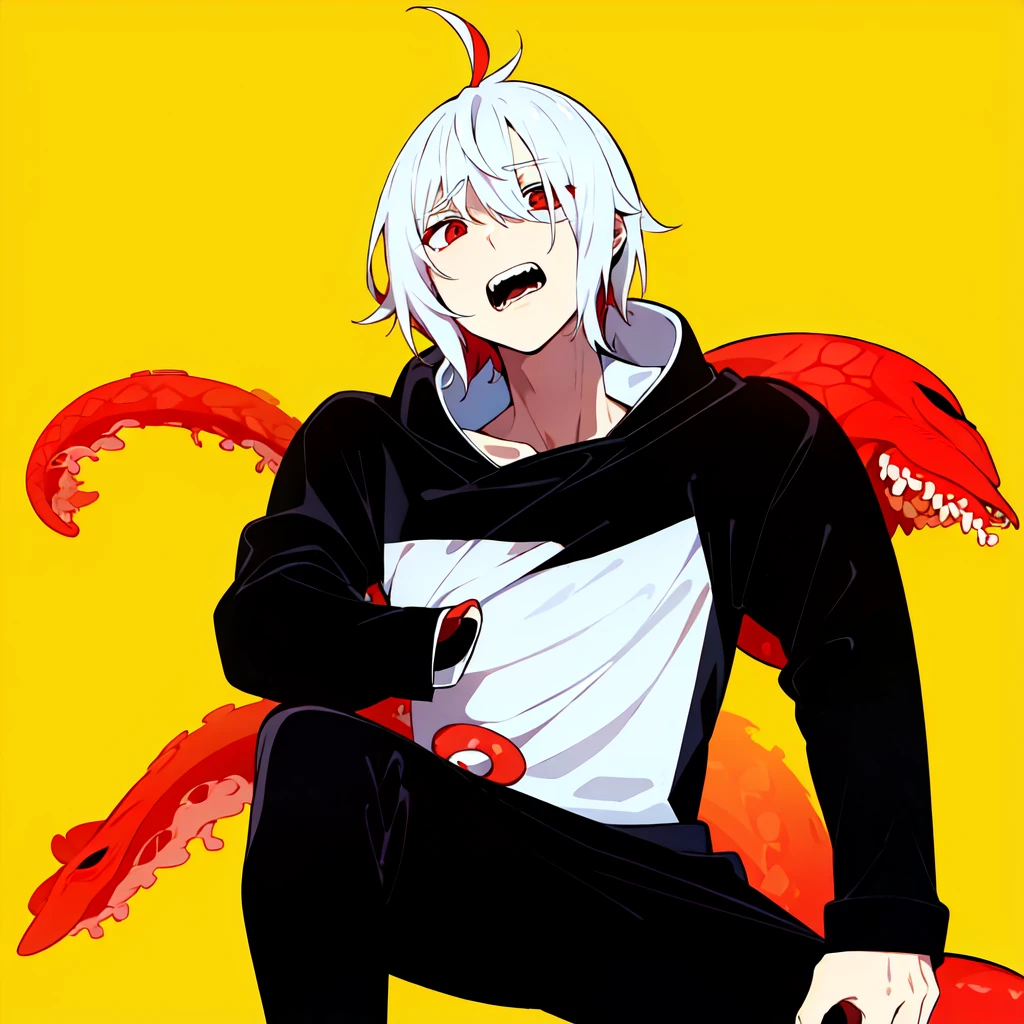 1boy, 1eye, white hair, red eyes, black hoodie shirt, white shirt, black sleeves, black pants, red tentacles in back