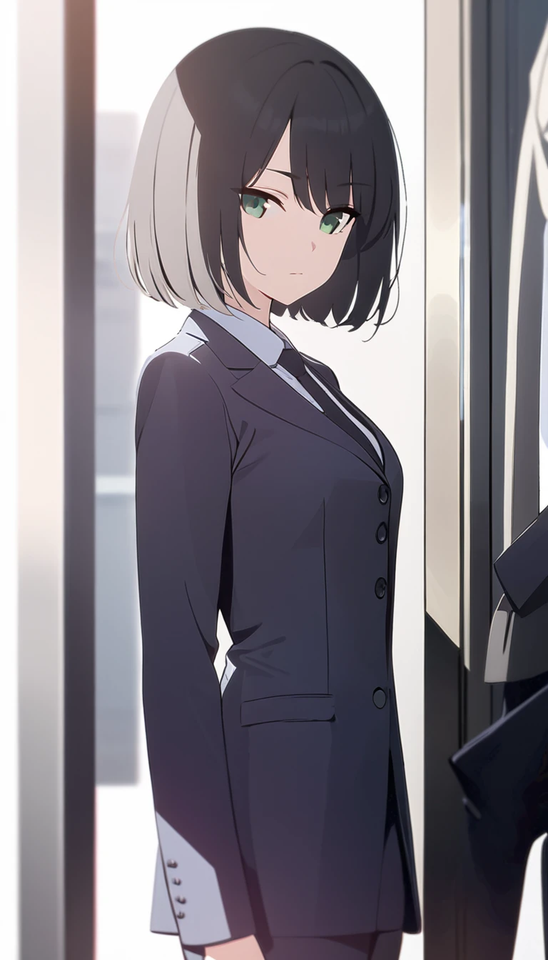 (masterpiece, high quality, best quality, highres,) One Woman, young, black hair, bob cut, Green Eyes, Athletic build, expressionless, closed mouth, office staff suit, Simple white background, standing, cowboy shot, (from the front)