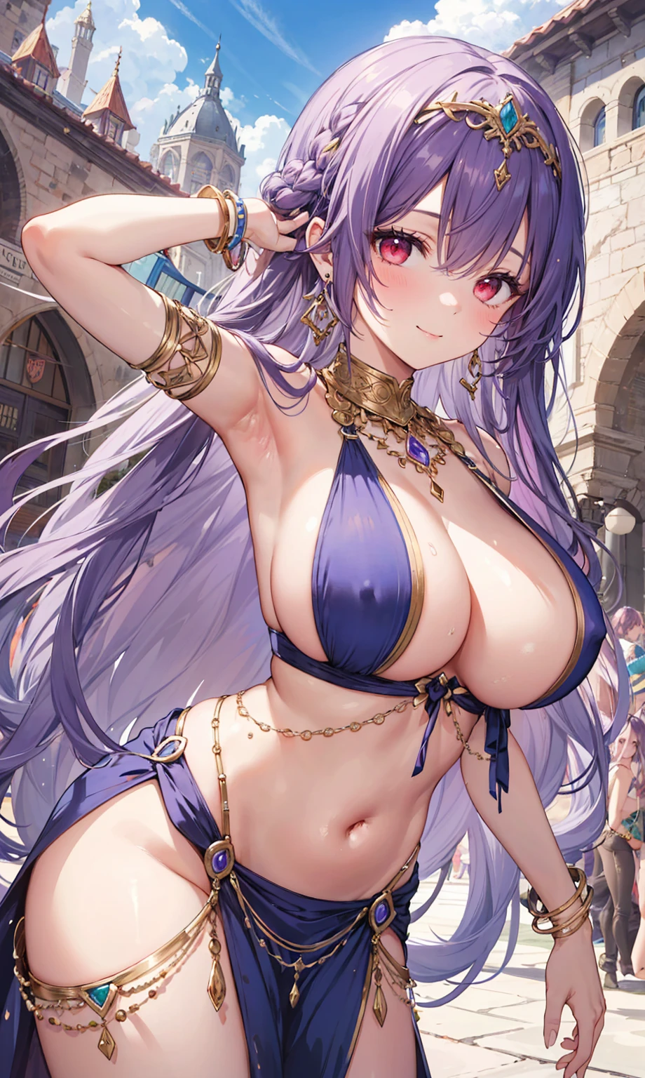 high quality, ultra detailed, best quality, insanely detailed, beautiful, masterpiece, 1girl, medieval plaza, cowboy shot, red eyes, long hair, purple hair, belly dancer, circlet, earrings, armlets, bracelets, bashful smile, large breasts, cleavage, soft stomach