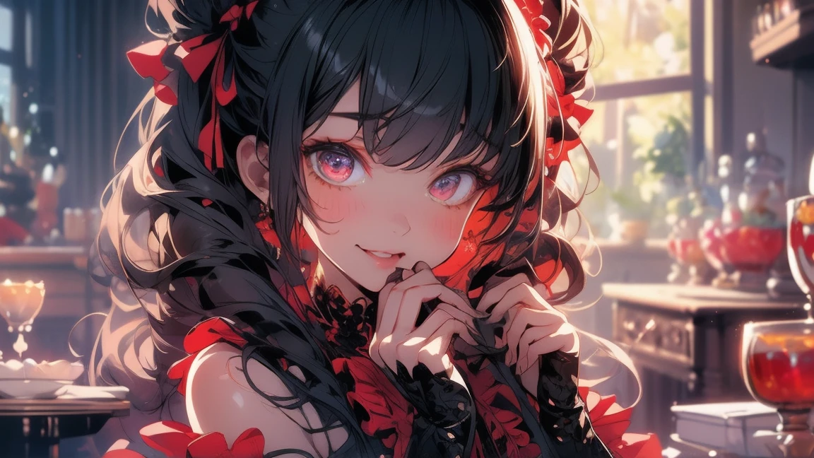Tabletop, Highest quality, (Perfect Face:1.1), (Attention to detail:1.1), (Ultra-detailed eyes), dramatic, Ultra-thin illustration, Very detailed,Black Hair,Red eyes,girl,room,Opening a big present,smile,Gothic Lolita, Frills, ribbon,Headdress,Red dress,Twin tails