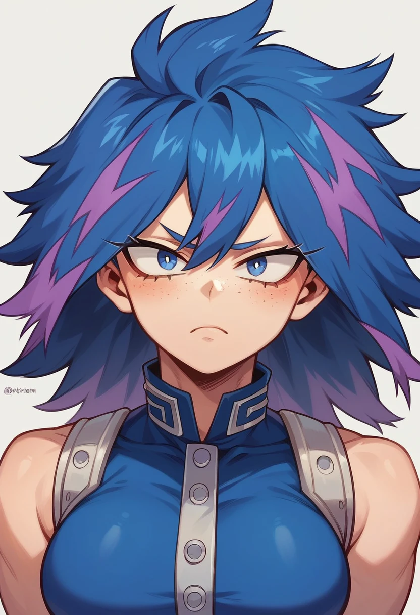 (maximum quality) (master work) Screenshot of My Hero Academia, a female focus girl with , Long almost black blue hair with purple highlights, with sapphire blue eyes and purple shadow with a tender look with purple freckles and with a serious look using the boku no hero academia UA style