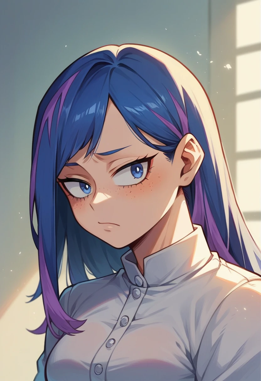 (maximum quality) (master work) Screenshot of My Hero Academia, a female focus girl with , Long almost black blue hair with purple highlights, with sapphire blue eyes and purple shadow with a tender look with purple freckles and with a serious look using the boku no hero academia UA style