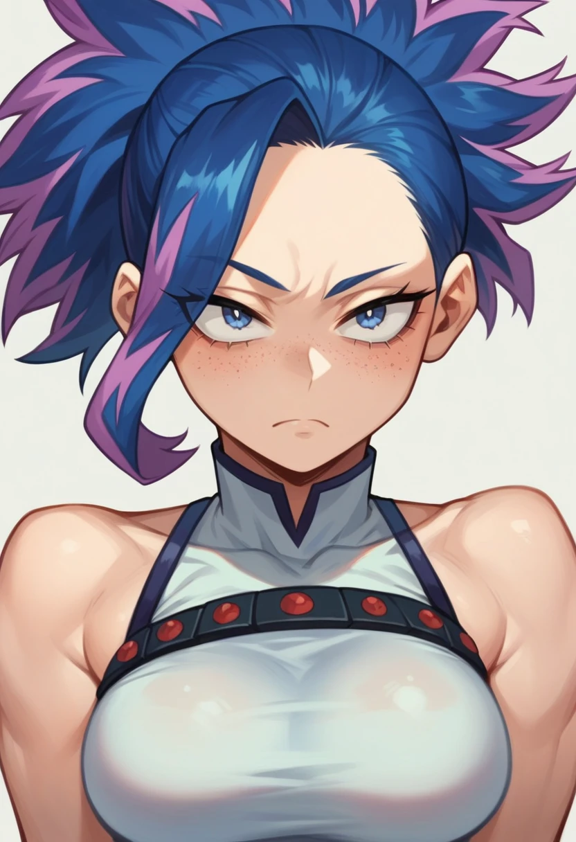 (maximum quality) (master work) Screenshot of My Hero Academia, a female focus girl with , Long almost black blue hair with purple highlights, with sapphire blue eyes and purple shadow with a tender look with purple freckles and with a serious look using the boku no hero academia UA style