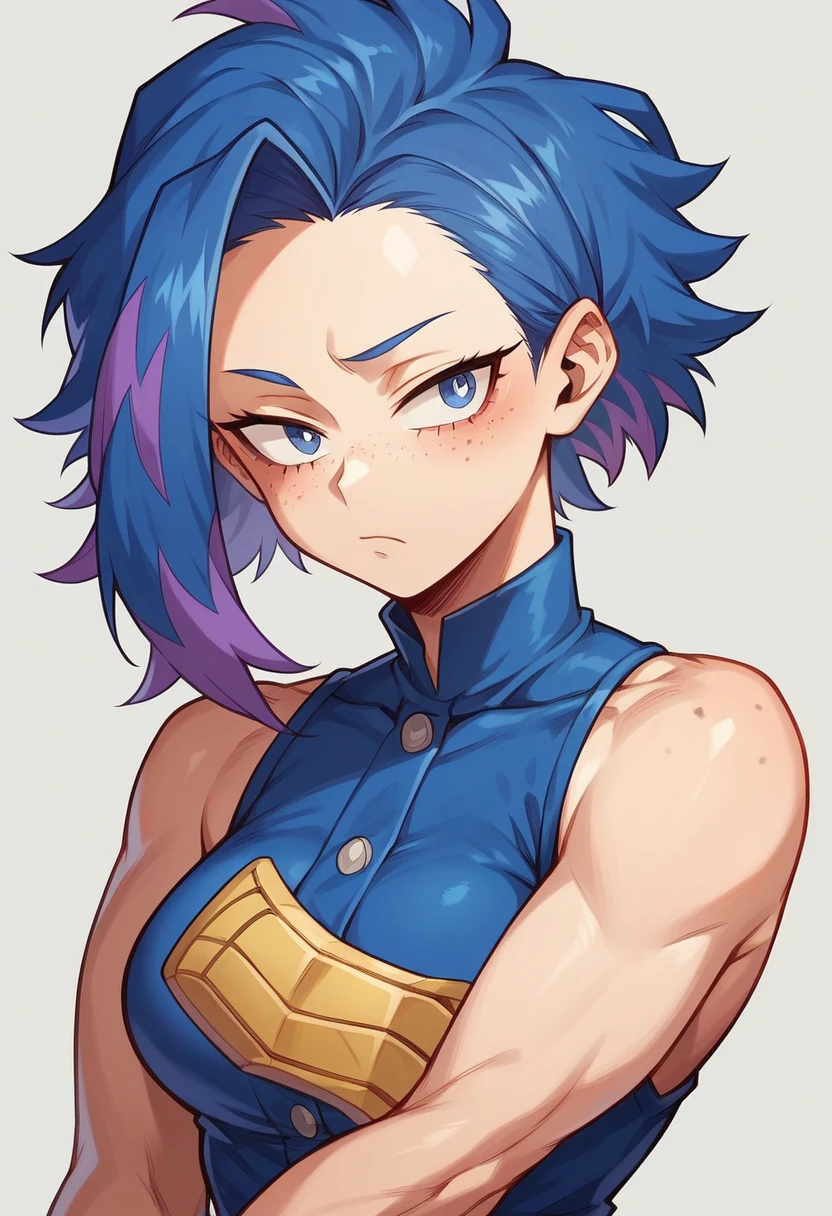 (maximum quality) (master work) Screenshot of My Hero Academia, a female focus girl with , Long almost black blue hair with purple highlights, with sapphire blue eyes and purple shadow with a tender look with purple freckles and with a serious look using the boku no hero academia UA style