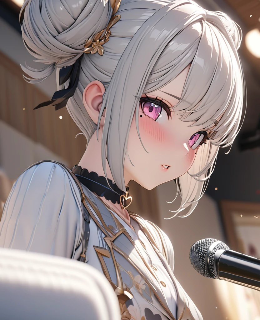masterpiece, best quality, highly detailed, high resolution, expensive resolution, high resolution, 4K, 8k, uniform 8k wallpaper, highly detailed CG, masterpiece, 2D, 3D, beautiful details, depth, fine texture, best quality: 1.3, perfectly focused, crispy. skin, him, very cute anime girl, idol, brown double hair buns wearing expensive, mole under eye, looking at the viewer, expensive, blush, mole, plump lips, heart, pink eyes, heart shaped choker