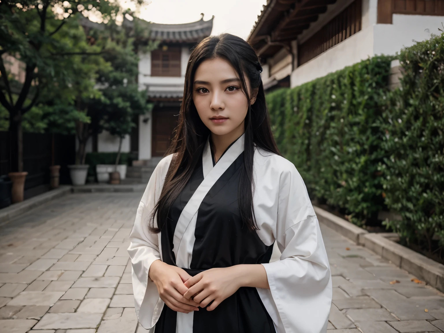 1girl,full body,extremely detailed  face, beautiful detailed eyes,light on face,cinematic lighting,looking at viewer,outdoors,Black hair,(balck Chinese architecture:0.05),hanfu,