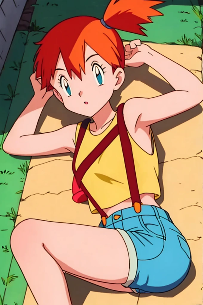 misty (pokemon), yellow shirt, sleeveless shirt, suspenders, denim shorts, sneakers, armpits, showing armpits, arms behind head, solo, masterpiece, 1girl, arms raised, small breasts, sexy pose, lying on floor, legs up, sexy ass