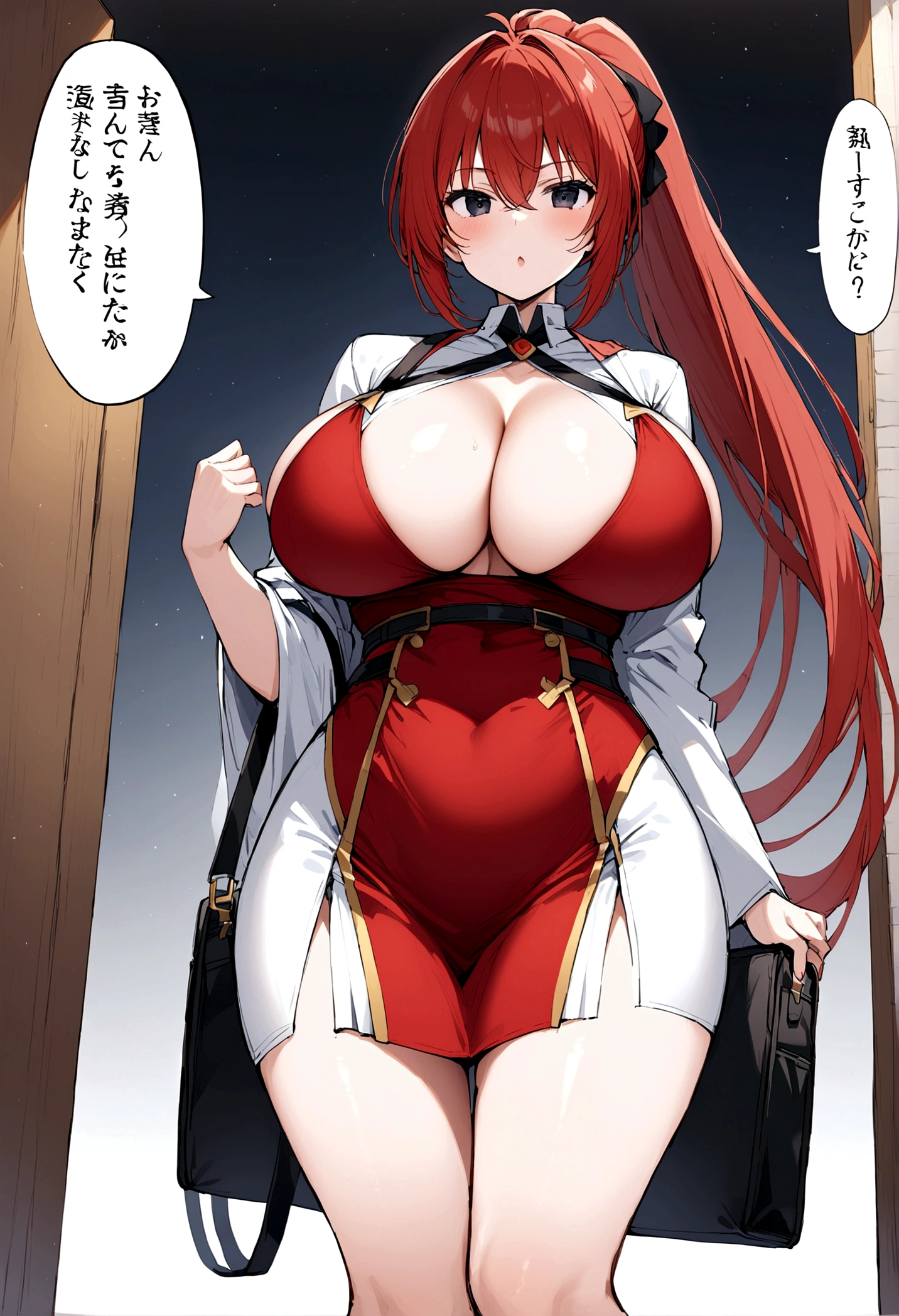My name is Hikaru, I am a white test woman with long red hair and black eyes. I am 1.60cm tall and weigh 46kg. My breast sizes are 300 cm, my waist is 60 cm and my hips are 200 cm. Dressed in a tight, low-cut red dress with her hair tied in a ponytail and a black bag.. With big breasts 300 cm