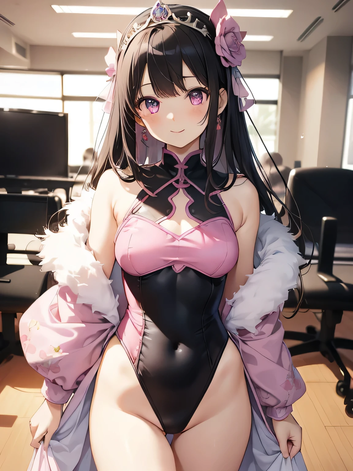 Highest quality、Very delicate and beautiful、Very delicate and beautiful、(Beautiful eyes)、Pink Eyes、I、I、、 、Japanese、、Chiquita、(armor)、(Black Hair)、((Pink leotard))、(High leg)、Tiara on head、A big smile、standing、Look forward、((The background is the conference room.))