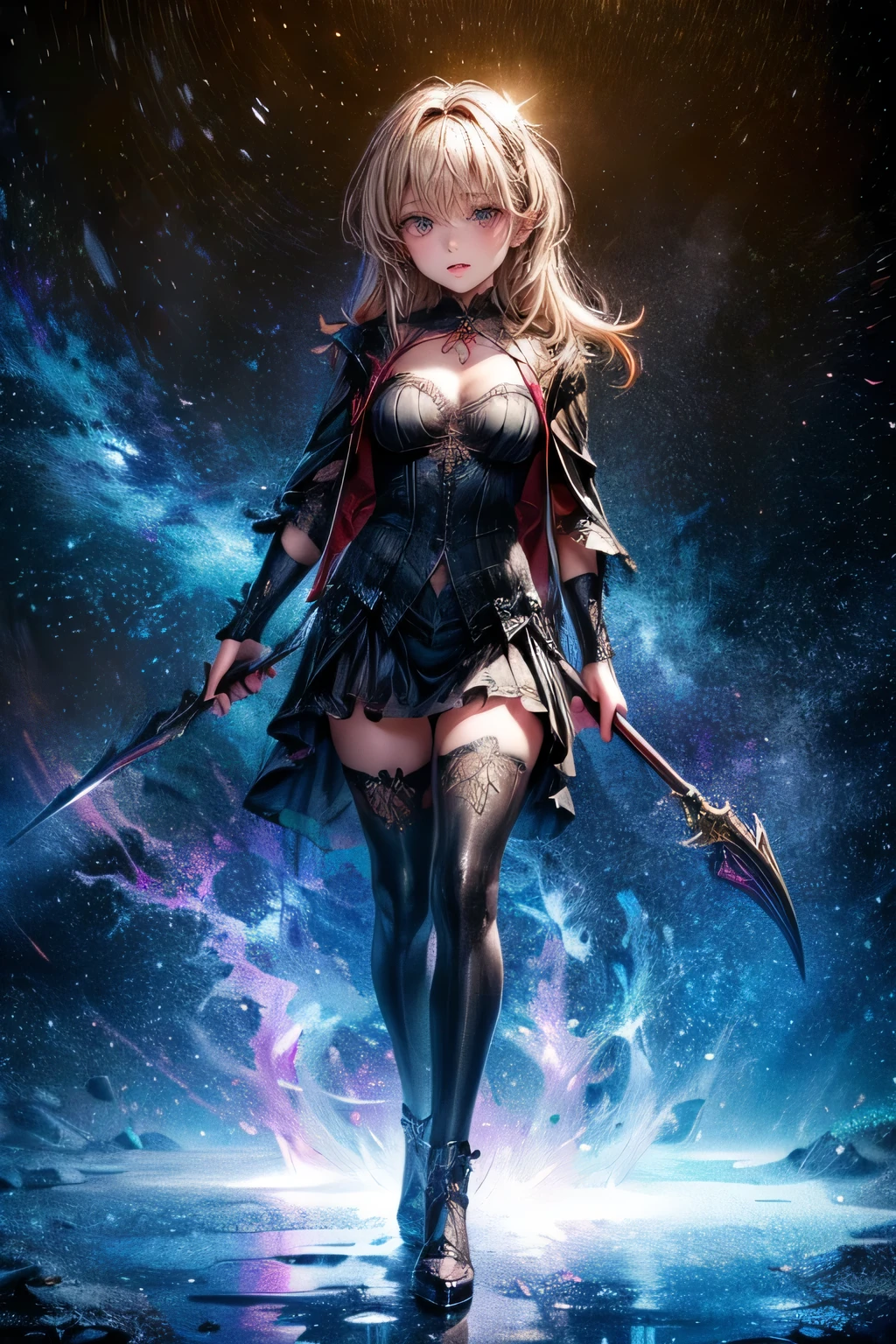 gothic style, fantasic Illustration, masterpiece: 1.2, highest quality, highres, 16k, beautiful detailed, ultra-realistic, photo realistic: 1.37, beautiful grim reaper girl wielding a large sickle, growing red eyes, shining pupils, blushed cheek, shiny rosy lips, delicate beautiful (hair, face, eyes, pupils, sickle), full-body wide view, dynamic posing,nijistyle,cute girl,woman,