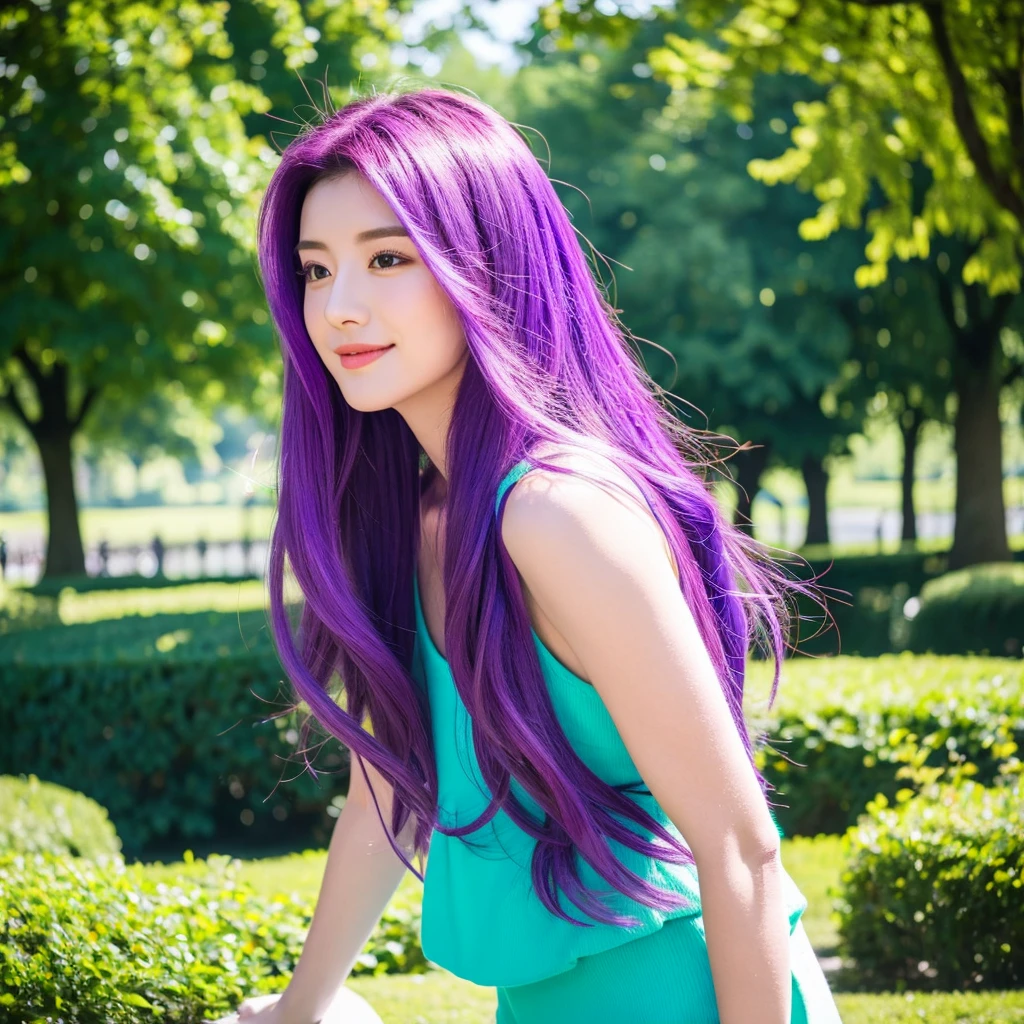 1woman hair purple, mid 20 years old, body, in the parc ,vibrant colors, ultra high realistic, ultra high quality