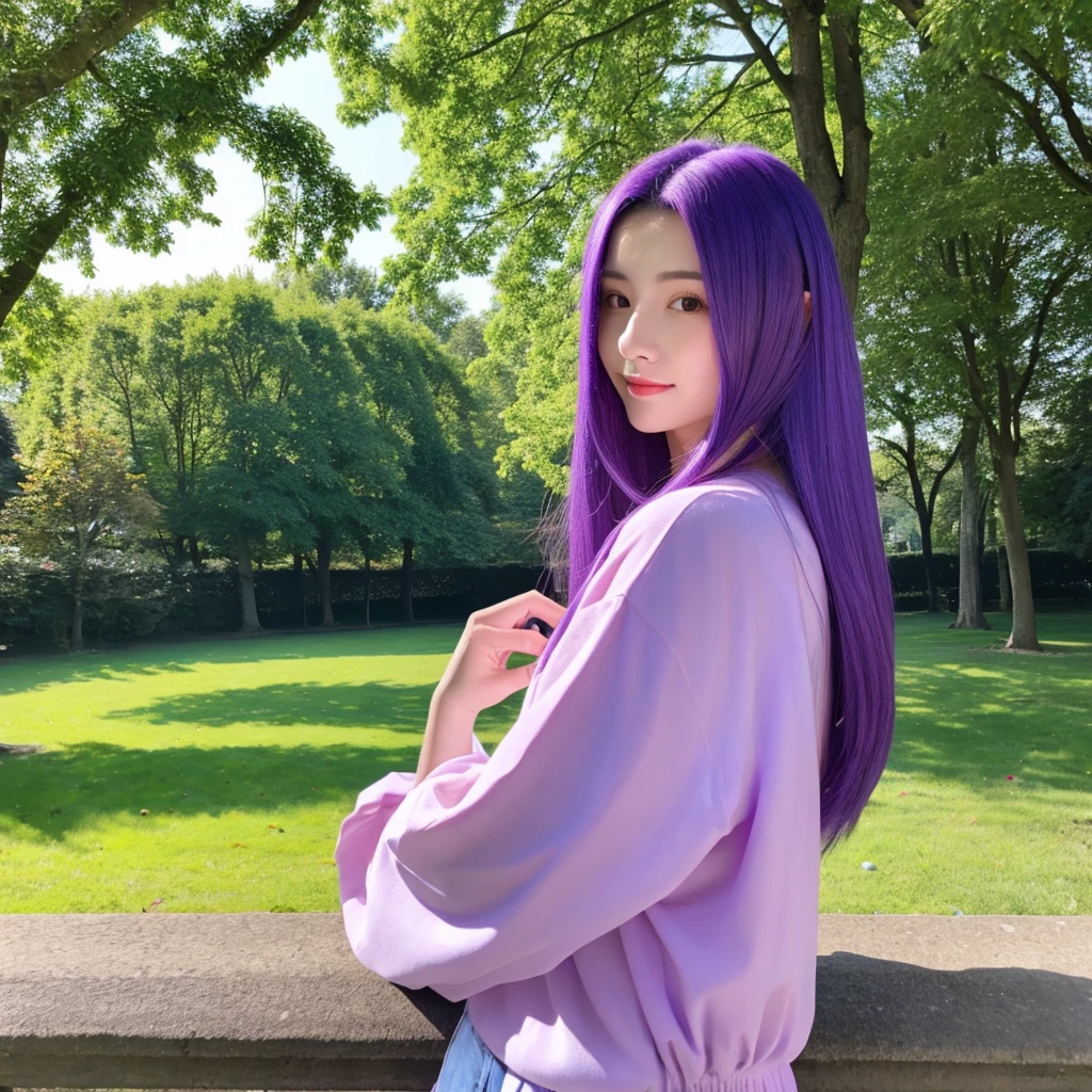 1woman hair purple, mid 20 years old, body, in the parc ,vibrant colors, ultra high realistic, ultra high quality