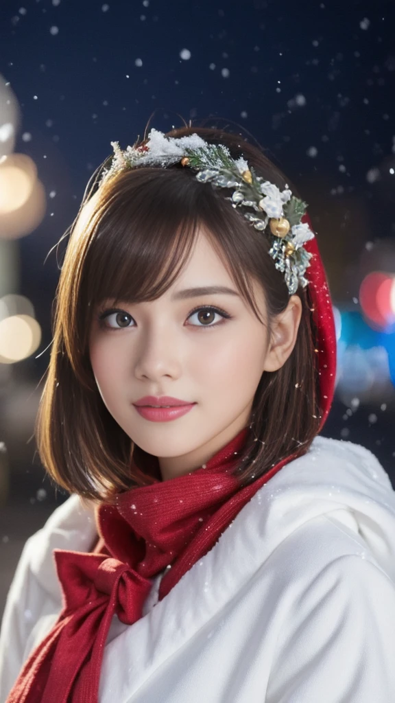1girl, (santa claus costume slim fit:1.5), symmetry,(Cute ultra young girl:2.0), (slender woman body:1.5), (ultra short hair:1.75), ultra big smile, (Beautiful large round droped detailed eyes:1.75), beautiful detailed lips, (extremely detailed beautiful face, natural makeup, Incredibly beautiful skin:2.0), (best quality,4k,8k,highres,masterpiece:2.0),(ultra-detailed,realistic,photorealistic,photo-realistic:1.75),professional,vivid colors,studio lighting,(snowing night town,christmas eve:1.25)