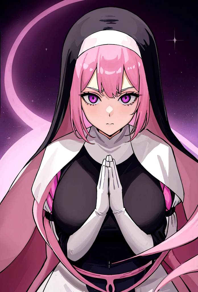 1womanl, Longhaire, purples eyes, (nun), Sister, big breaths, holy light background, Light particles, (work of art), best qualityer. アニメ, white girl, nun, royal clothes, pink hair, she is praying, she has serious face
