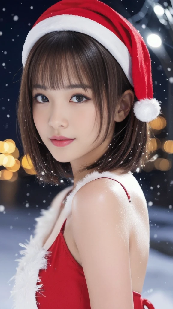 1girl, (santa claus costume slim fit:1.5), symmetry,(Cute ultra young girl:2.0), (slender woman body:1.5), (ultra short hair:1.75), ultra big smile, (Beautiful large round droped detailed eyes:1.75), beautiful detailed lips, (extremely detailed beautiful face, natural makeup, Incredibly beautiful skin:2.0), (best quality,4k,8k,highres,masterpiece:2.0),(ultra-detailed,realistic,photorealistic,photo-realistic:1.75),professional,vivid colors,studio lighting,(snowing night town,christmas eve:1.25)