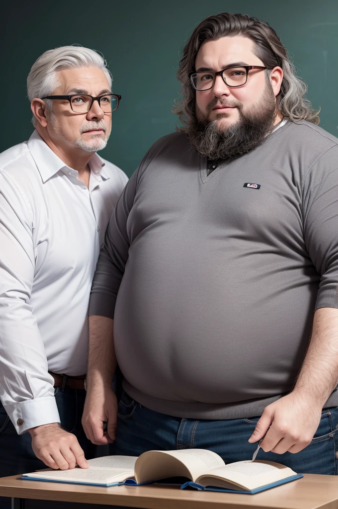 Make a fat man teacher, beardless with glasses and gray hair, teaching a brunette with wavy hair