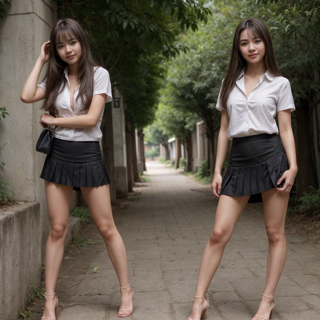 ((realistic)),(realistic shadow),((realistic skin texture)),multiple 25 years old girls. 4 girls and friends. (asian Chinese beautiful face),((Chinese sexy face)),((Chinese very sexy model)),((masterpiece)), (detailed), perfect face, small breast. nipples. open shirt. ((very sexy pose)),((sexy outfit)),((full body)),((very sexy long legs)),((beautiful legs)),((very sexy high heels)),((very hot young )),(tiny g-string),((nipple slip)),((small boob flash)),((tits slip)),(teasing pose),(horny smile),((very sexy emotional face)),((nipple slip)),small breast. ((show small tits)),((full stand models)),((very long long hair)),(looking at viewer),((carry luxury handbag)),((bangs hairstyles)),(black pleated skirt),((white shirt short sleeve)),((black pencil short skirt)),(black tight skirt),((Thai university uniform)),(random elegant pose). outdoor