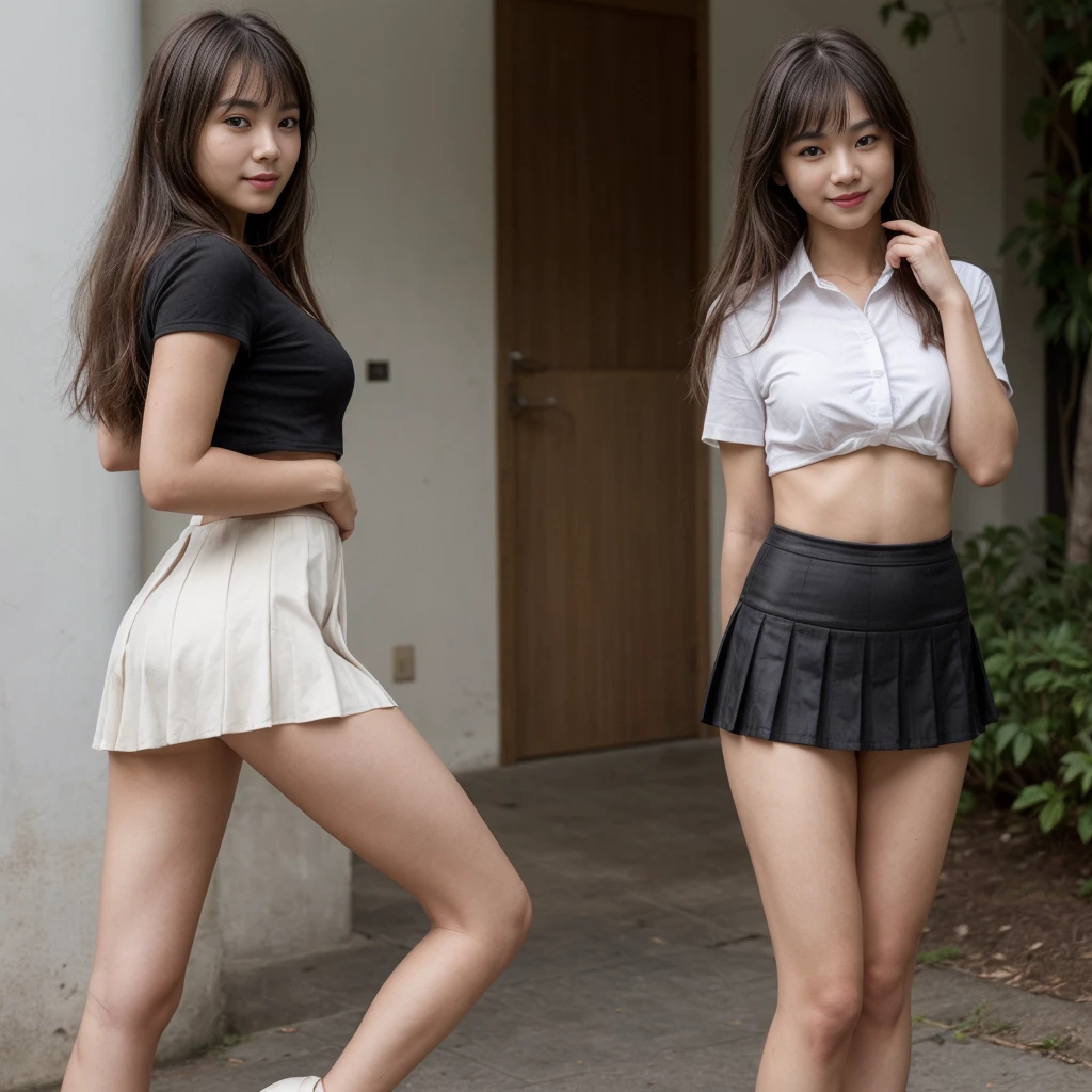 ((realistic)),(realistic shadow),((realistic skin texture)),multiple 25 years old girls. 4 girls and friends. (asian Chinese beautiful face),((Chinese sexy face)),((Chinese very sexy model)),((masterpiece)), (detailed), perfect face, small breast. nipples. open shirt. ((very sexy pose)),((sexy outfit)),((full body)),((very sexy long legs)),((beautiful legs)),((very sexy high heels)),((very hot young )),(tiny g-string),((nipple slip)),((small boob flash)),((tits slip)),(teasing pose),(horny smile),((very sexy emotional face)),((nipple slip)),small breast. ((show small tits)),((full stand models)),((very long long hair)),(looking at viewer),((carry luxury handbag)),((bangs hairstyles)),(black pleated skirt),((white shirt short sleeve)),((black pencil short skirt)),(black tight skirt),((Thai university uniform)),(random elegant pose). outdoor