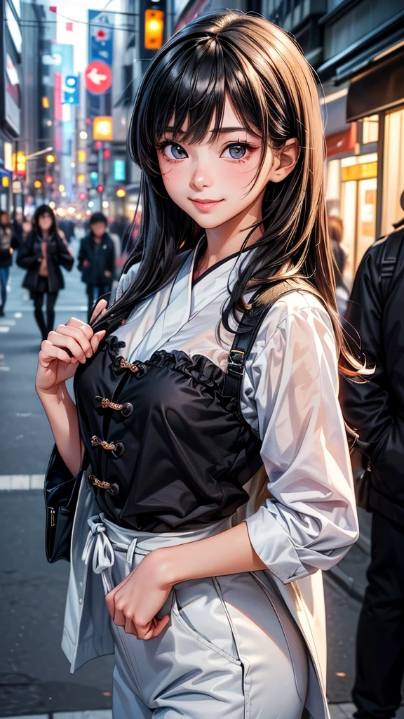 1 female,18 year old,smile:1.3,(BLACK eyes:1.3),((8K,masterpiece,Perfect Anatomy)),Cowboy Shot,(Beautiful and exquisite face and eyes,gorgeous eyes:1.3) ,Black Hair:1.3,bangs,smile,blush,Small breasts,Tokyo street、((Background blur)),((赤&白&黒のコーディネート:1.3))、ロングヘアー,Street Snap、