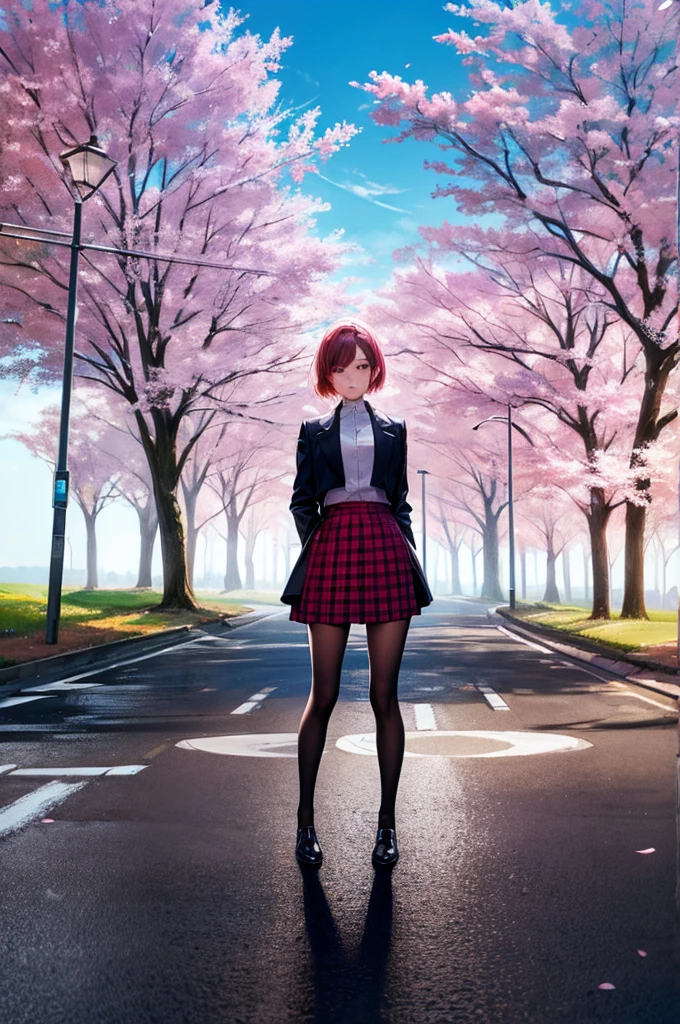 masterpiece, Highest quality, Super detailed, figure, , A girl is standing in the middle of the road, alone, The road in the middle and pink cherry blossom trees on the roadside, whole body, 20th Generation, , Short skirt, fashion,, composition, balance, Harmony, rhythm, color, Light, Shadow, reflection, refraction, tone, Contrast, prospect, Middle Way, background, Naturalistic, Figurative, Expressive.
