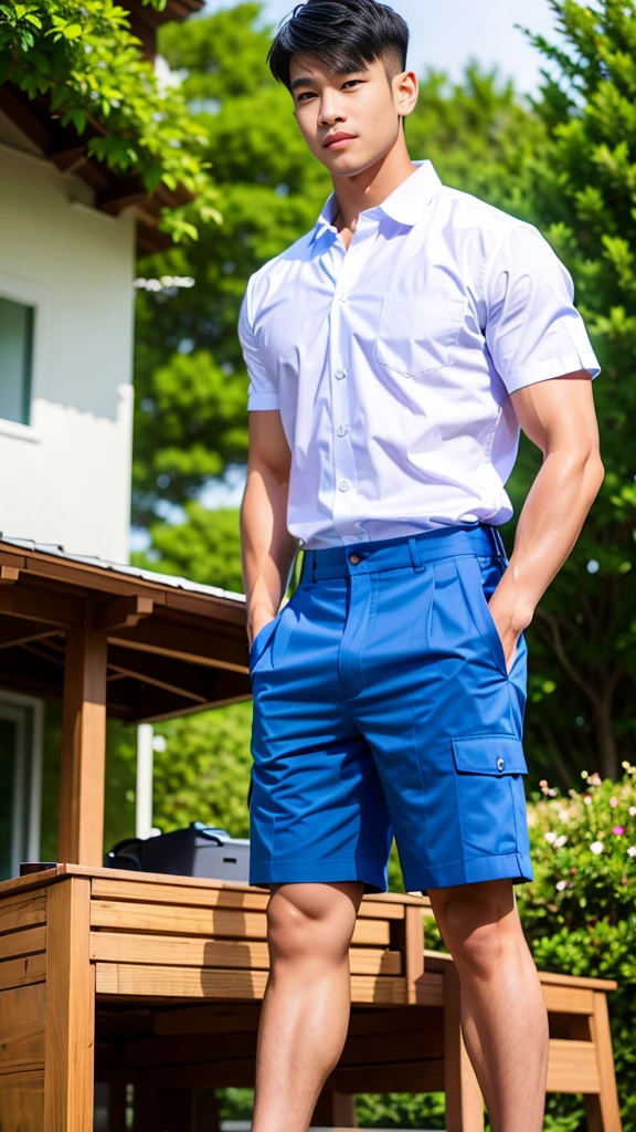Masterpiece, best quality, High quality, วอลล์เปเปอร์ CG unity 8k ที่มีvery detailed, depth of field, HDR,,photorealistic,very detailed, 1 man sitting on a chair, Asia, black short hair, , (Thai , white shirt), blue cargo shorts, chest muscles, Big arm muscles, blood vessel, big muscles, Broad shoulders, looking at the audience, Balancing the eyes, (Make eye contact) (outside the building:1.3)