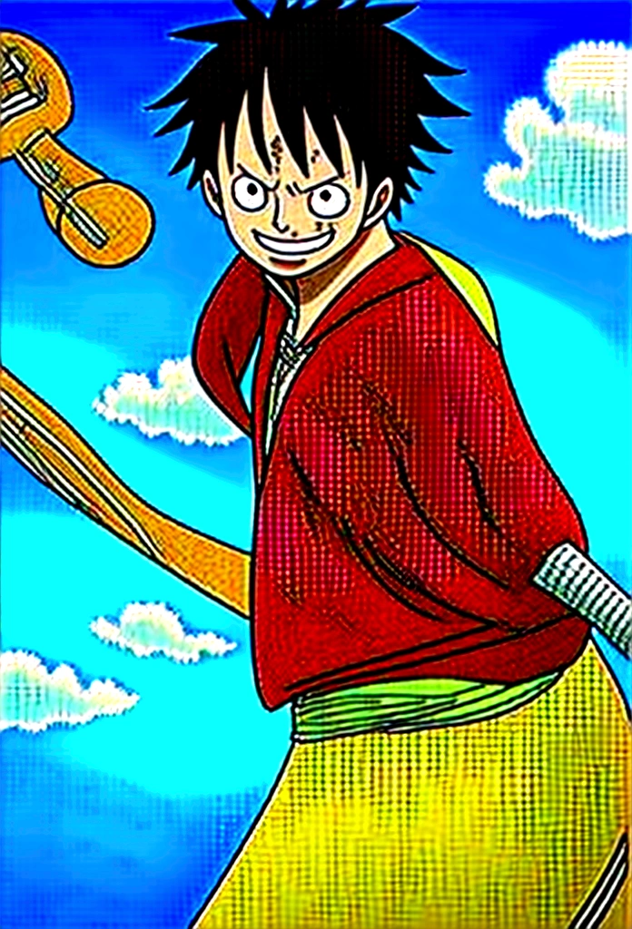 ## Prompt de Imagem de IA: Luffy de One Piece como Goku de Dragon Ball
**scenario:**
* A lush tropical island, com palmeiras altas, white sand and turquoise sea in the background.
* Luffy is standing on top of a giant rock, with fist raised in a pose of defiance.
**charachter:**
* Luffy, the protagonist of One Piece, with his characteristic 19 years of age.
* He is wearing Goku's full uniform from Dragon Ball Z:
* Orange gi with blue and white details, tied at the waist with a green belt.
* Blue boots with white details and red kanji symbol on the side.
* White wrist guards and gloves.
* Spiky black hair, with bangs falling over the forehead.
* In your face, a confident and adventurous smile.
**Action:**
* Luffy is holding Goku's straw hat in his left hand, with a thoughtful look.
* In the right hand, he holds a wooden staff similar to Goku's Nyoi-Bō Staff.
* A golden aura emanates from Luffy's body, indicating that he is using Haki.
**Additional Detail:**
* In the sky, white clouds form as if they were drawing Goku's face.
* Around Luffy, Seagulls fly in circles, watching the scene with curiosity.
* Luffy's expression shows determination and strength, pronto para enfrentar qualquer desafio.
**tom:**
* epic, thrilling, with a touch of humor.
* Luffy must transmit Goku's energy and bravery, combined with One Piece's cheerful and adventurous personality.
* The scene should be vibrant and colorful, capturing the beauty of the tropical island and the grandeur of the moment.
**objective:**
* Create an image that captures the essence of the fusion between Luffy and Goku, two of the most iconic characters in pop culture.
* The image must be original, divertida e thrilling, awakening the nostalgia of fans of both animes.
* The scene must be technically well executed, using lighting resources, perspective and composition to create an impactful visual effect.
**Observaç