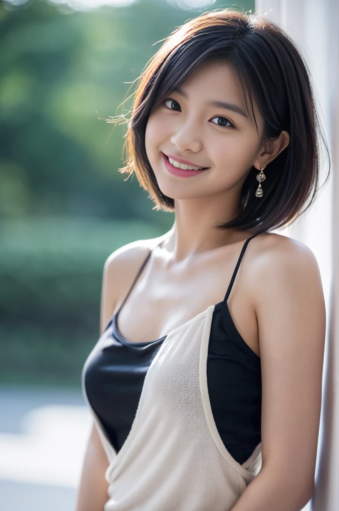 最high quality, Tabletop, High resolution,24 years old wearing white camisole, 1 Girl,Very beautiful face,（Ultra-high definition photography of extremely beautiful faces）（black camisole）hair ornaments,, Gemstone Diamond,Realistic, New York night view、Blur the background、,Full body image,(High resolutionスキン:1.2),Smiling and looking at the camera,Full body image 8K UHD, Digital single-lens reflex camera, In the soft and bright sunlight,high quality, Volumetric lighting, Frank, photograph, High resolution,Full body image,4K、Japanese college student、A sloppy smile、Stand up straight、((((上半身のphotograph)))),One person,Short Hairstyles、camisole