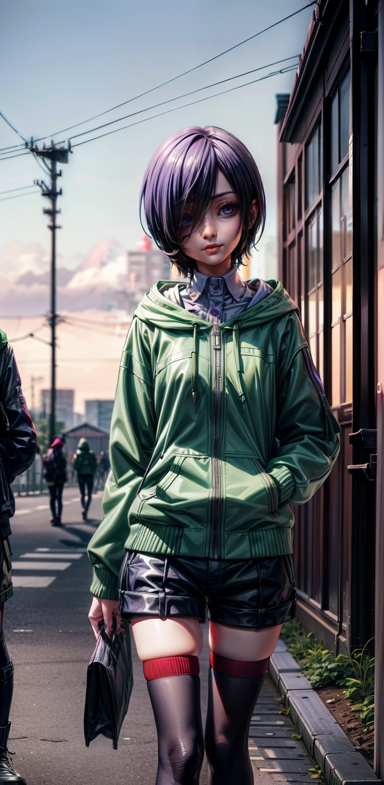 green hoodie, shorts, red thighhighs Beautiful face, blue-purple hair, blue-purple eyes, cold facial features, white skin, Kirishima Touka, Tokyo Ghoul ، Dat City has beautiful and detailed buildings, Beautiful and saturated colors 