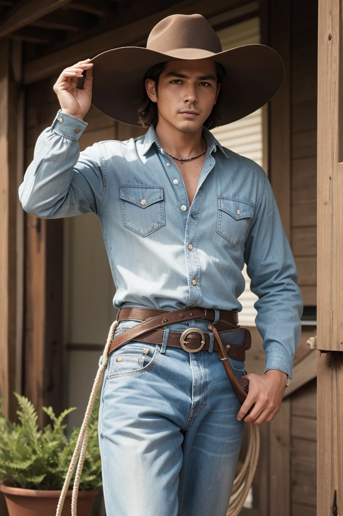 A cowboy in the 1960s wearing a hat and holding a lasso about to lasso a cow